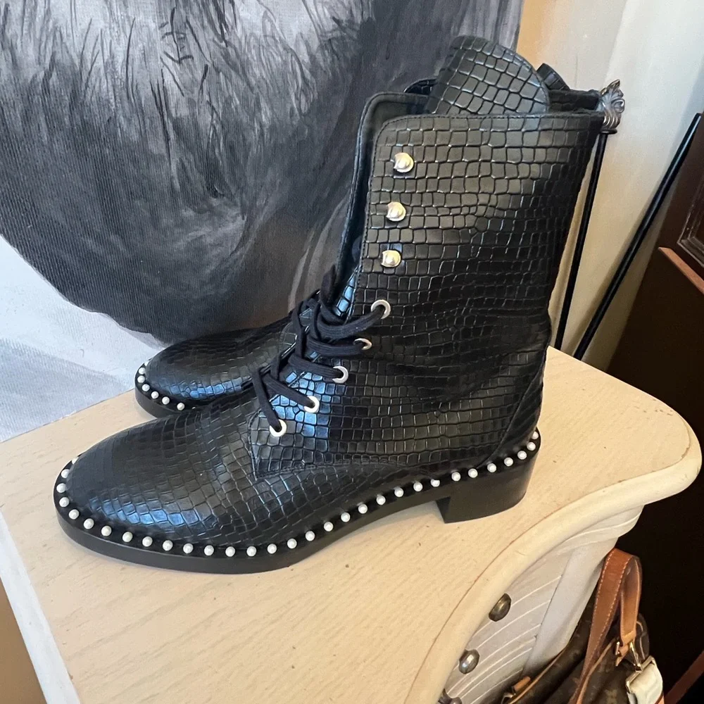 Stuart Weitzman Black Croc-Embossed Pearl-Trim Lace-Up Boots - Picture 1 of 6